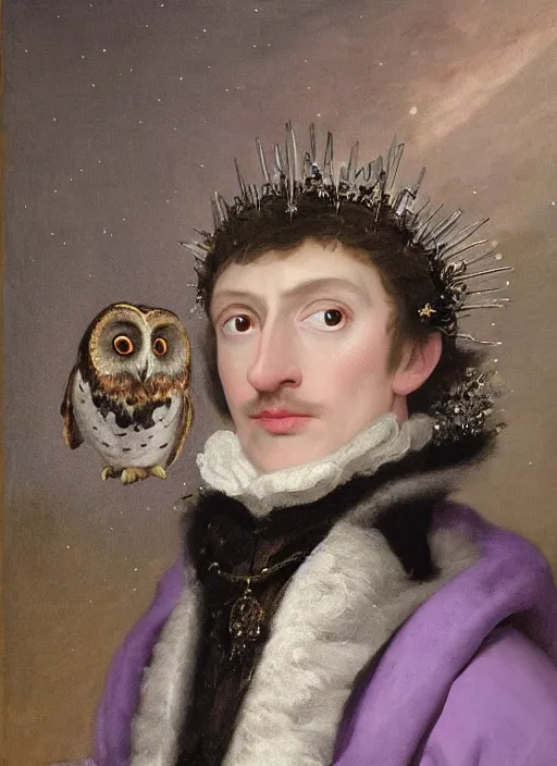 Image similar to close-up portrait of anthropomorphic owl Prince, man with a head of barn owl, glowing eyes, in a crown, wearing long royal robe, lilac, silver, black, bokeh, blurred space, stars, dreamy, romantic, painting in the museum, highly detailed, sharp focus, digital painting, artwork, by John James Audubon by Victor Adame Minguez by Yuumei by Tom Lovell by Sandro Botticelli