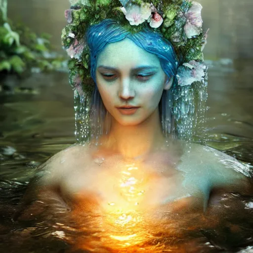 Image similar to ultra realistic 3 d render of a goddess made of water and flowers rising out of the water dripping by charlie bowater and farid ghanbari, beautiful, bioluminescent, ethereal, mist, waterfall