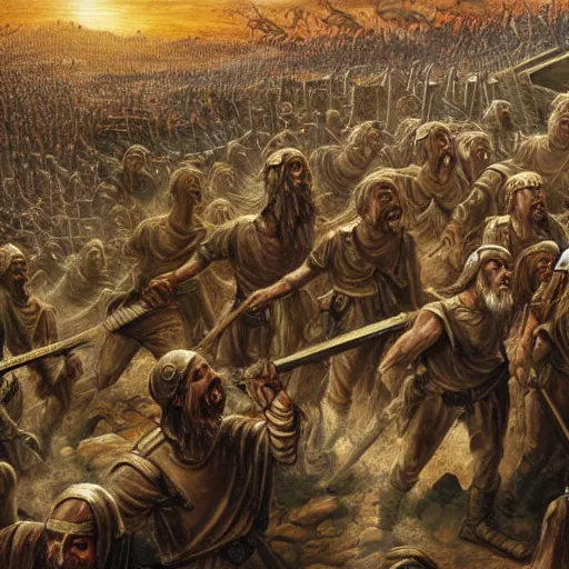 Image similar to the army of ancient Israel marching behind the ark of the covenant around the walls of ancient Jericho, Getting Attacked by a hoard of zombies, 8k high detail