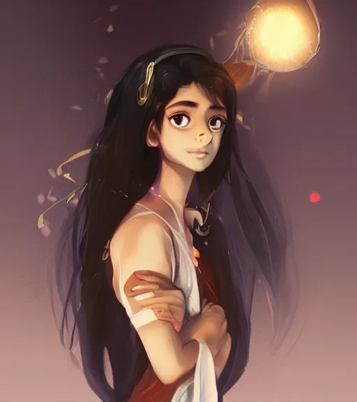 Image similar to character design of anthy himemiya as a college student with black hair, glowing brown skin, delicate features, bollywood starlet, fantasy, small mouth, quiet beauty, intricate, elegant, dress shirt, highly detailed, digital painting, artstation, concept art, smooth, sharp focus, illustration, art by Krenz Cushart and Artem Demura and alphonse mucha