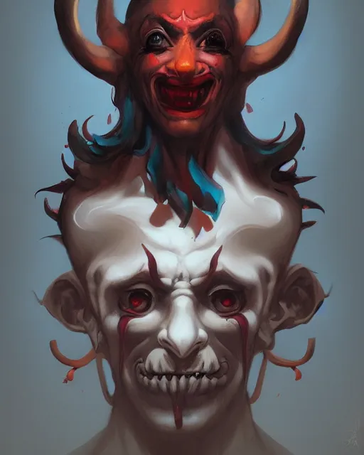 Image similar to portrait of a demonic clown by peter mohrbacher. trending on artstation