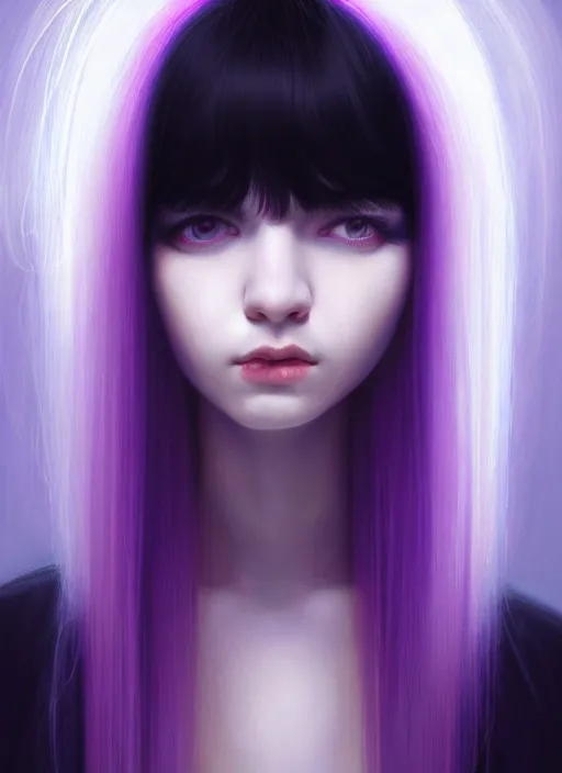 Image similar to hair whitebangs hair, black hair, whitebangs, portrait of teenage girl with white bangs, red irises, purple clothes, white bangs, bangs are different color from hair, intricate, elegant, glowing lights, highly detailed, digital painting, artstation, concept art, smooth, sharp focus, illustration, art by wlop, mars ravelo and greg rutkowski