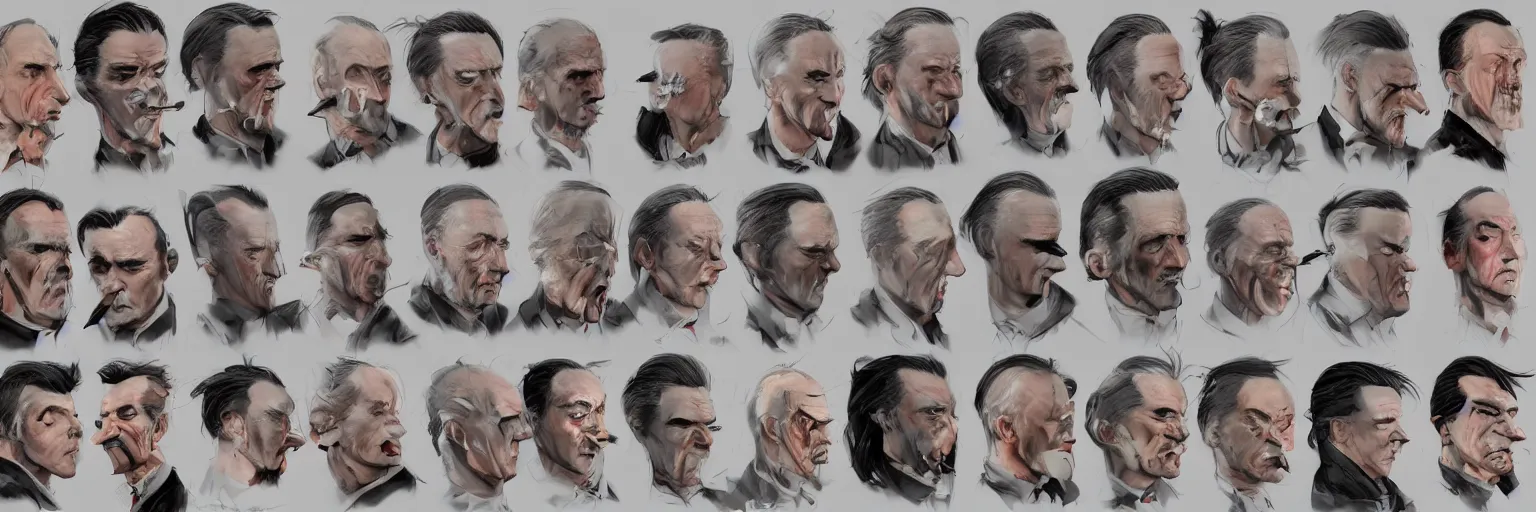 Image similar to colorful character faces, realistic mike patton and hitler faces, character sheet, fine details, concept design, contrast, kim jung gi, greg rutkowski and da vinci, trending on artstation, 8 k, emotional, face turnaround, front view, back view, side view, ultra wide angle