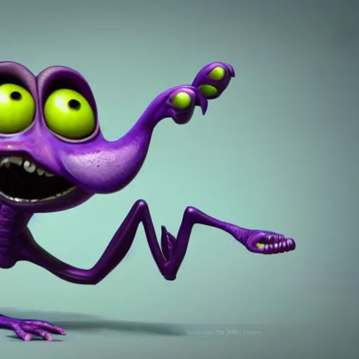 Prompt: full body portrait of cute purple alien crustacian creature with long nose and many eyes and many legs concept character art photo realistic detailed pixar 3d render