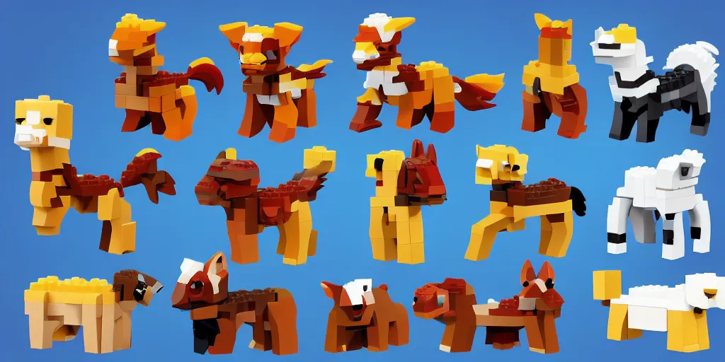 Image similar to small animals made of two or three bricks, four legged, quadrupedal, cute looking, kawaii, sharp focus, character sheet, game concept art, blocky, lego mixels