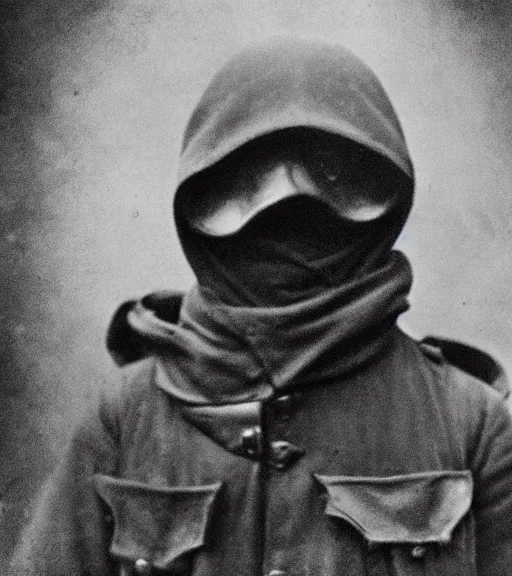 Image similar to a man at distance wearing hooded beaked mask covering his entire face, full body portrait at distance, ww1 film photo, grainy, high detail, high resolution