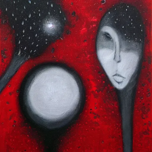 Prompt: rain, moon, knight and princess, oil painting, red and black, bloom, detailed, coherent like dalle 2