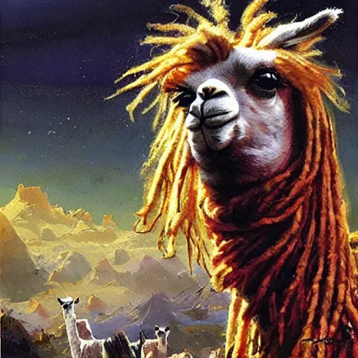 Image similar to llama with dreadlocks, epic scene, by John Berkey
