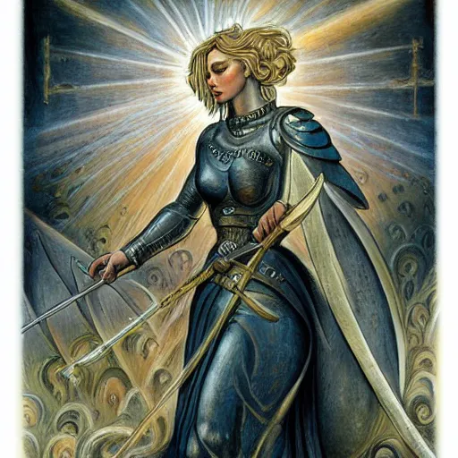 Image similar to jeanne d'arc in the style of william blake, terese nielsen, detailed, intricate, beautiful faces, steve argyle, triumphant fate