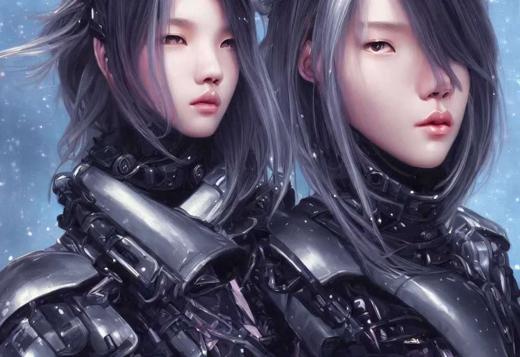 Image similar to portrait lisa blackpink + medium grey hair of futuristic police girl, black armored uniform, at futuristic cyberpunk tokyo night, ssci - fi and fantasy, intricate and very very very beautiful, highly detailed, digital painting, artstation, concept art, smooth and sharp focus, illustration, art by tian zi and wlop and alphonse mucha