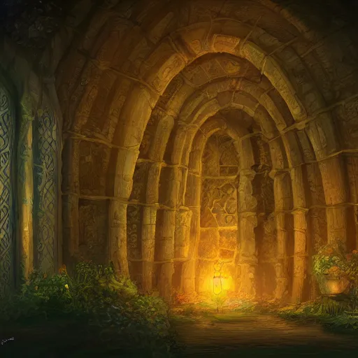 Prompt: underground necropolis, digital painting, cinematic lighting, intricate illustration