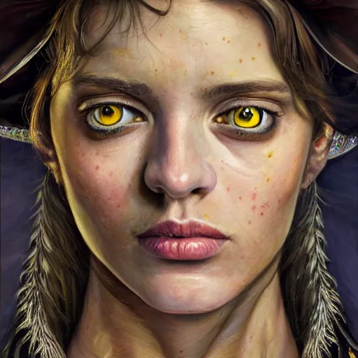 Prompt: high quality high detail portrait of a young gorgeous female warlock, fantasy, d & d, painting by lucian freud and mark brooks, hd