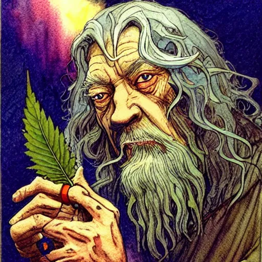 Prompt: a realistic and atmospheric watercolour fantasy character concept art portrait of gandalf with red eyes smoking weed looking at the camera with a marijuana leaf nearby by rebecca guay, michael kaluta, charles vess and jean moebius giraud