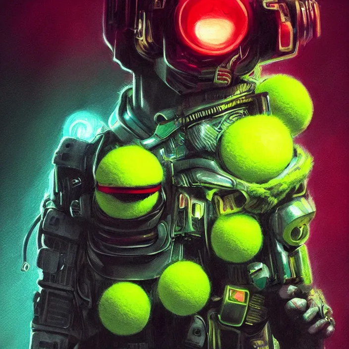 Image similar to cinematic portrait of a cute tennis ball monster, cyberpunk, bladerunner, chalk, masterpiece, trending on artstation, featured on pixiv, cinematic composition, dramatic pose, beautiful lighting, sharp details, hyper - detailed, hd, hdr, 4 k, 8 k, art by basil gogos