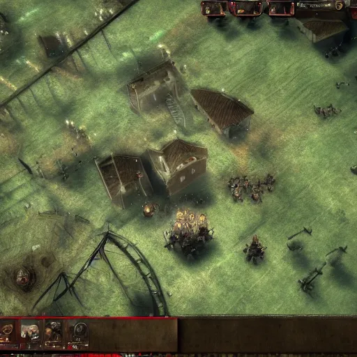 Image similar to screenshot of a beautiful rts game silent hill, overhead view, clear focus