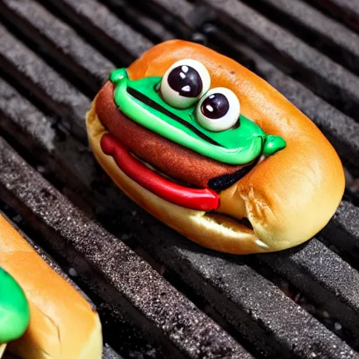 Image similar to pepe the frog in a hot dog bun piled on a grill