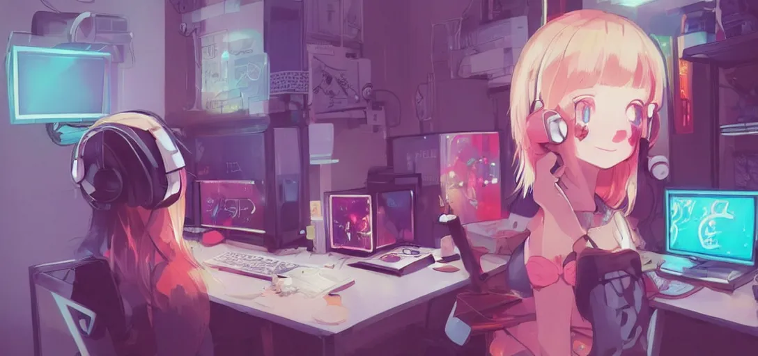 Image similar to a kawaii blond woman with cat ear headphones, sitting in front of computer, gamer, computer nerd, cute room, neon lights, gamer aesthetic, lofi vibes, strong crisp lineart and flat color, by ilya kuvshinov, krenz cushart, Greg Rutkowski, trending on pinterest