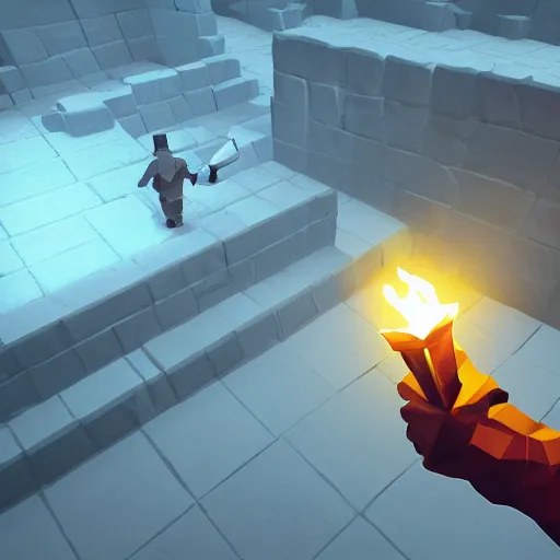 Prompt: a man holds a torch and explores a Dungeon, luminous, low poly