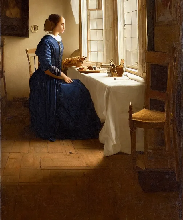 Image similar to a highly detailed, beautifully lit portrait of a pretty, young alicia vikander sitting at a table by an open window, oil painting portrait by vermeer and bouguereau
