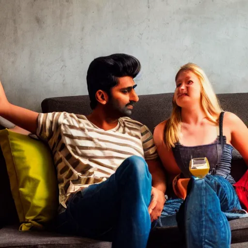 Prompt: indian guy and swedish girl drinking gin and tonics on the couch