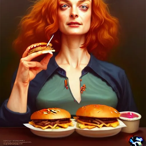 Image similar to Heather Graham Eating Big Macs, dripping BBQ Sauce, serving burgers, D&D, fantasy, intricate, elegant, highly detailed, digital painting, artstation, concept art, matte,illustration, hearthstone, art by Artgerm and Greg Rutkowski and Alphonse Mucha, simon stalenhag, hyperreal