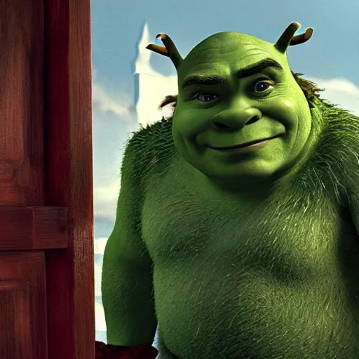 Image similar to film still of Shrek from a creep movie