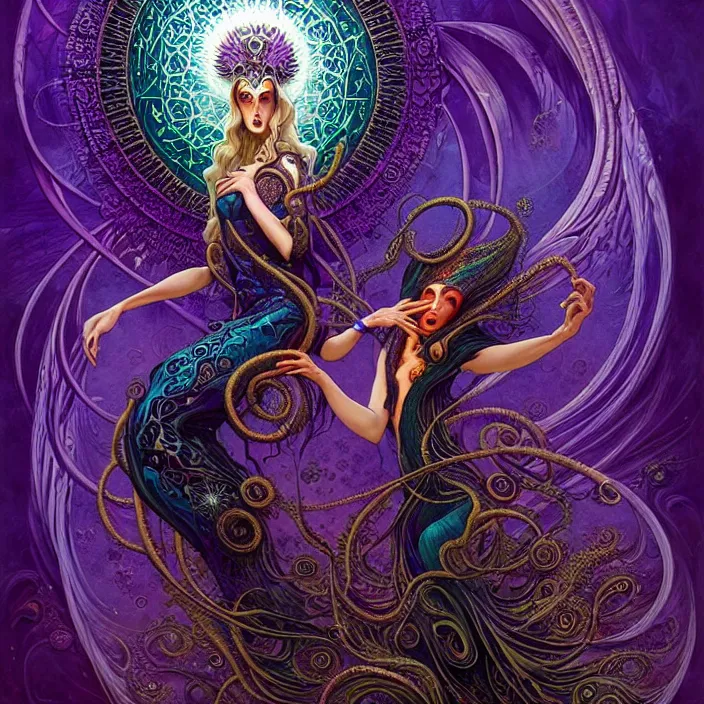 Image similar to depicting a beautiful lovecraftian female priestess, in the style of joe fenton, dynamic energetic pose, exuberant organic elegant forms, by karol bak and filip hodas : : 1. 4 purple, red, blue, green, black intricate mandala explosions : : intuit art : : turbulent energy backdrop : : damask wallpaper : : atmospheric