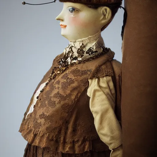 Image similar to close up portrait of a life size victorian female automaton standing with a child, 8 k, soft lighting, highly detailed realistic, face in focus 1 8 9 0's liminal