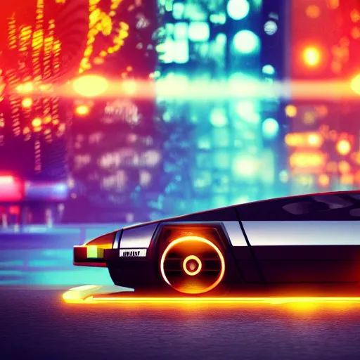 Image similar to deep perspective, the background is a cyber city sharp photorealistic octane render, bokeh in the background, a futuristic curvy neon delorean hover in the foreground,