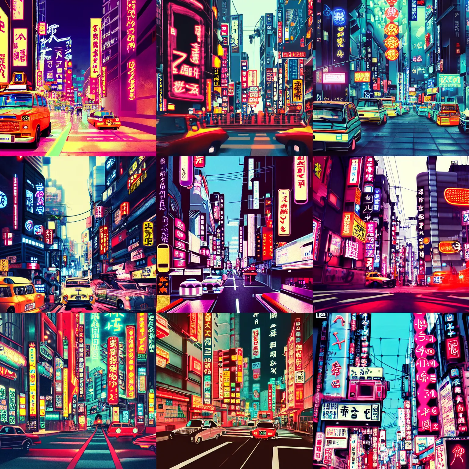 Prompt: Retrofuturistic Tokyo street with flying black cabs and neon signs in Japanese. Retrofuturism, 80-s sci-fi, 8K, Highly Detailed, ArtStation. C 11.0