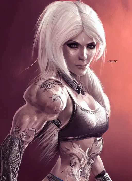 Prompt: a highly detailed illustration of fierce platinum blonde woman wearing mma gear, dramatic smile pose intricate, elegant, highly detailed, centered, digital painting, artstation, concept art, smooth, sharp focus, league of legends concept art, WLOP