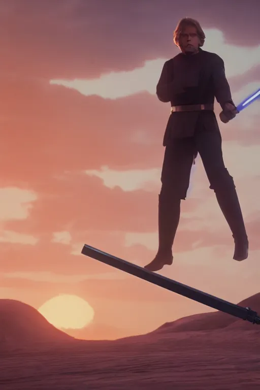 Prompt: luke skywalker wielding a lightsabre in a heroic pose against a tattooine sunset, dramatic lighting, octane render