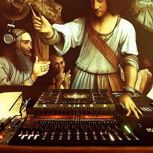 Prompt: Leonardo Da Vinci as a DJ at Tomorrowland, mixing music