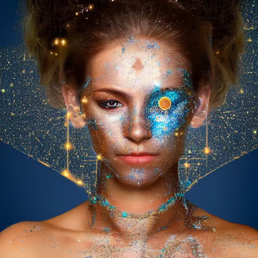 Prompt: portrait of a beautiful futuristic woman layered with high-tech jewelry wrapping around her face and head and shoulders, golden-silver light with tiny blue, gold, and red gems scattered like dust, calm, night