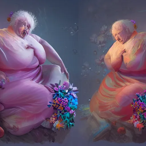 Image similar to of a very beautiful scene. ambient occlusion render. a sweet fat old woman is giving a birth to a huge colorful fish. flowery dress. mirror. symmetrical face, red mouth, blue eyes. deep focus, lovely scene. ambient occlusion render. concept art. unreal engine.