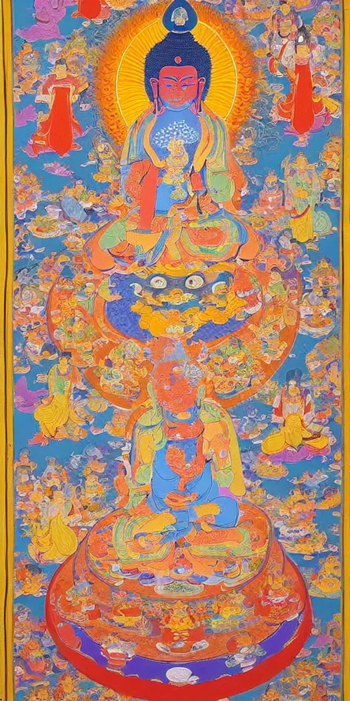 Prompt: The painting shows the Buddha Lotus in the center of a mandala. He is surrounded by a group of bodhisattvas and other figures. The whole painting is done in a bright, colorful style. by a Tibetan artist in the 13th century., Tibetan art, Thangka painting, Buddhist art.