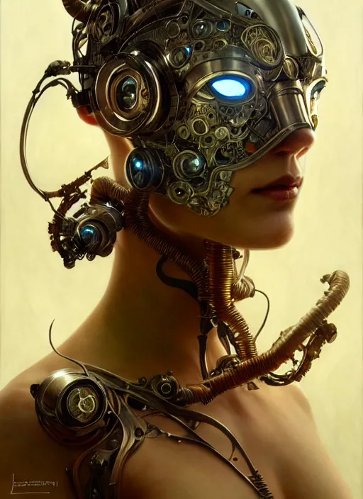 Image similar to organic cyborg, cat mask opening, diffuse lighting, fantasy, intricate, elegant, highly detailed, lifelike, photorealistic, digital painting, artstation, illustration, concept art, smooth, sharp focus, art by John Collier and Albert Aublet and Krenz Cushart and Artem Demura and Alphonse Mucha