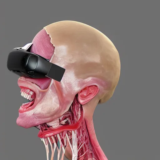 Image similar to vr headset with skin and flesh and bones and teeth