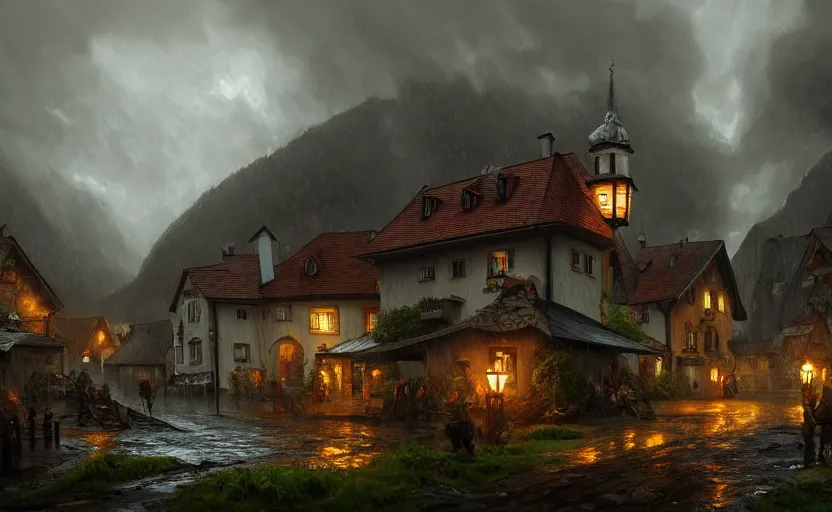 Image similar to extreme long shot concept art depicted rainy old austrian village, high details, dramatic mood, deep environment, art by legends of runeterra and tomasz jedruszek, trending on artstation, unreal engine, 8 k, 4 k