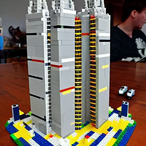 Prompt: Lego set of Twin towers being hit by a plane