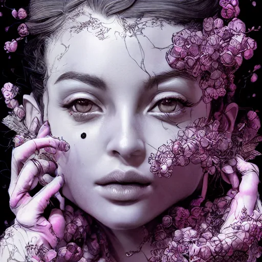 Image similar to the face of an absurdly beautiful, graceful, elegant, sophisticated woman made of blueberries and blackberries, an ultrafine hyperdetailed illustration by kim jung gi, irakli nadar, intricate linework, bright colors, octopath traveler, final fantasy, unreal engine 5 highly rendered, global illumination, radiant light, detailed and intricate environment