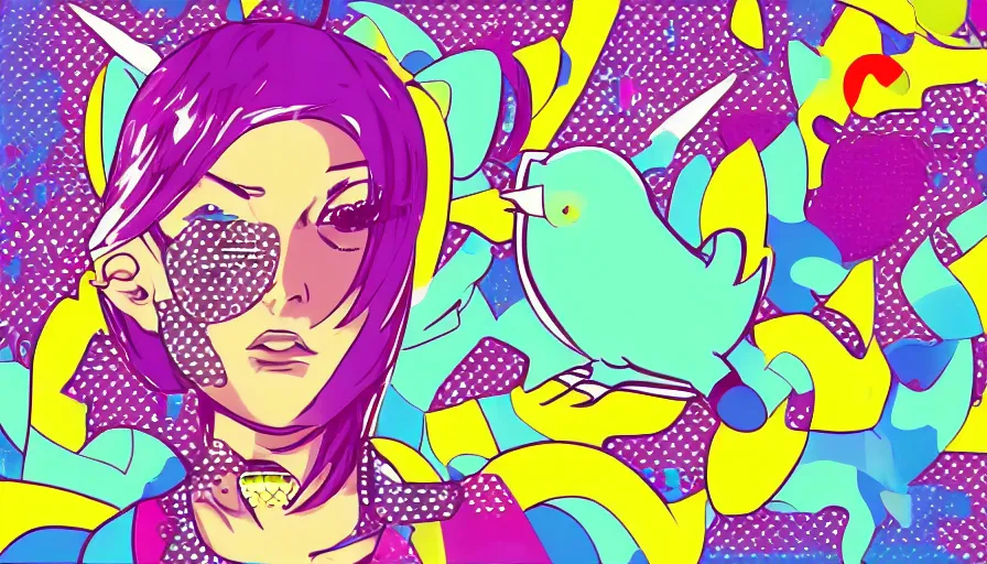 Prompt: twitter bot network pop art with symetric dots and very very very beaty anime female