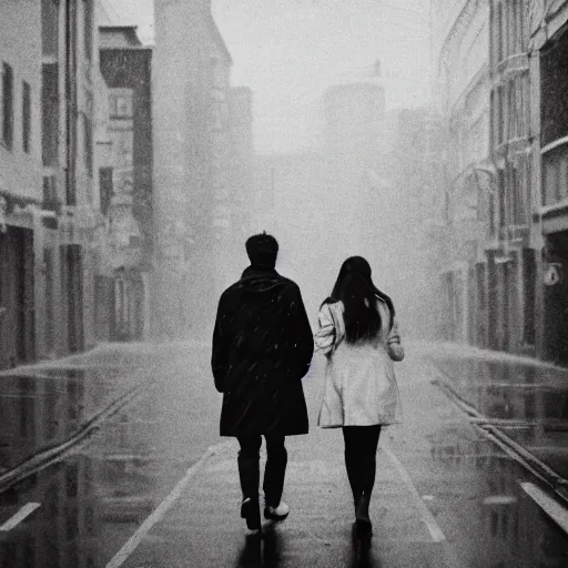 Prompt: A dreamy portrait of a couple wearing yellow rain coat , walking in a black and white street . Cinematic lighting