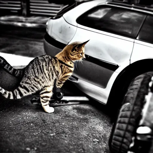 Prompt: a cat lifting a car. Photography.