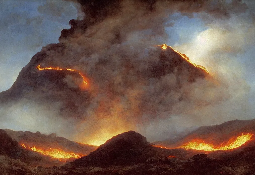 Image similar to a beautiful painting of a volcano oozing lava, pyroclastic clouds forming by albert bierstadt, high resolution, excellent contrast, morning