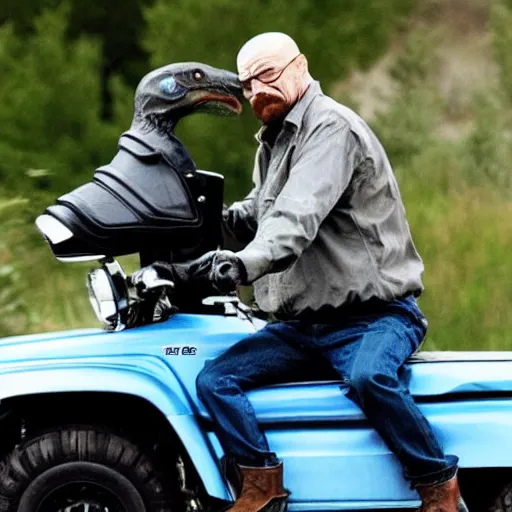 Image similar to Walter White riding a raptor