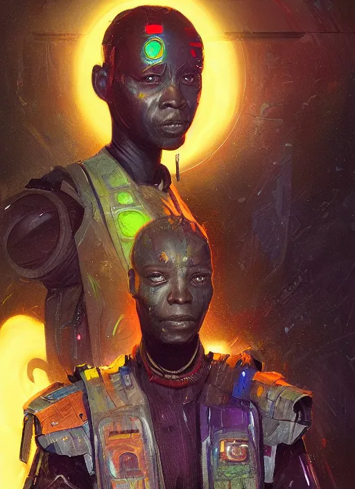 Prompt: a full body sci - fi portrait, oil painting, illustration of an old african jedi, techwear, colourful, glowing lights!! by justin sweet and greg rutkowski and alphones much