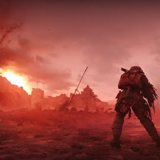 Image similar to war torn fantasy battlefield, violent, one warrior still standing, sunset, octane render, beautiful