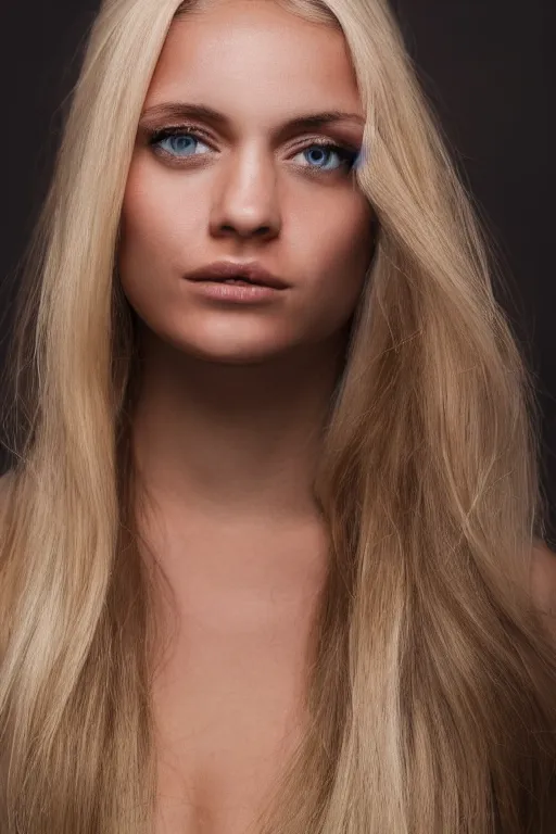 Image similar to head shot photo of a olive skinned blonde female model in her twenties, silky hair, wearing a designer top, looking content, photo realistic, extreme detail skin, natural beauty, no filter, slr, golden hour, 4 k, high definition, selfie