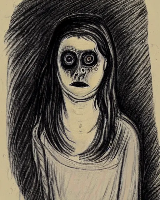 Prompt: scary portrait of a young female with glowing eyes, drawing by Edvard Munch